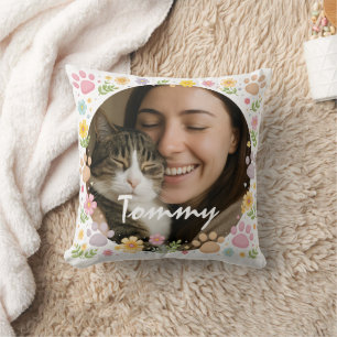 Custom Pet Photo with Name   Paw Prints & Floral Throw Pillow