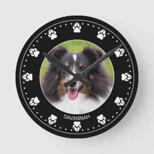 Custom Pet Photo With Paws Clock Face & Name