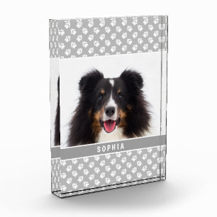 Custom Pet Photo With White Paws On Grey & Name