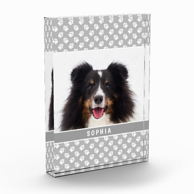 Custom Pet Photo With White Paws On Grey & Name (Left)