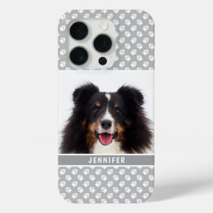 Custom Pet Photo With White Paws On Grey & Name iPhone 15 Pro Case