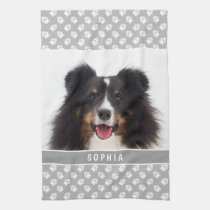 Custom Pet Photo With White Paws On Grey & Name Kitchen Towel