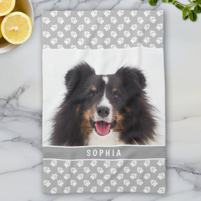 Custom Pet Photo With White Paws On Grey & Name Kitchen Towel (Creator Uploaded)