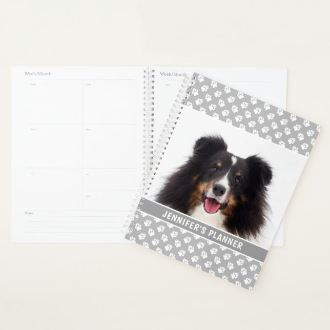 Custom Pet Photo With White Paws On Grey & Name Planner (Display)