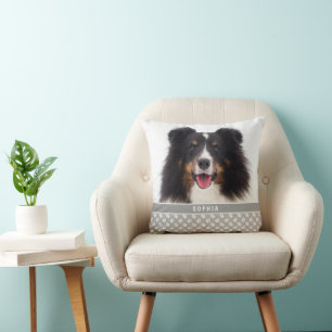 Custom Pet Photo With White Paws On Grey & Name Throw Pillow