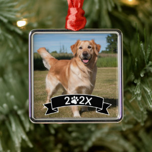 Custom Pet Photo with Year and Paw Ribbon Metal Ornament