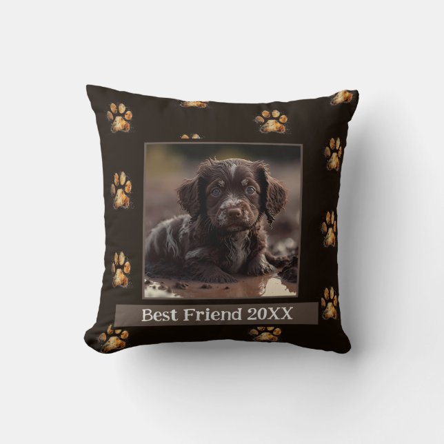 Custom Pet Pillow - Dog Photo - Muddy Paw Prints (Front)