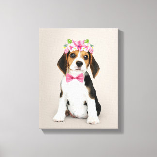 Custom pet portrait with flowers and bow tie canvas print