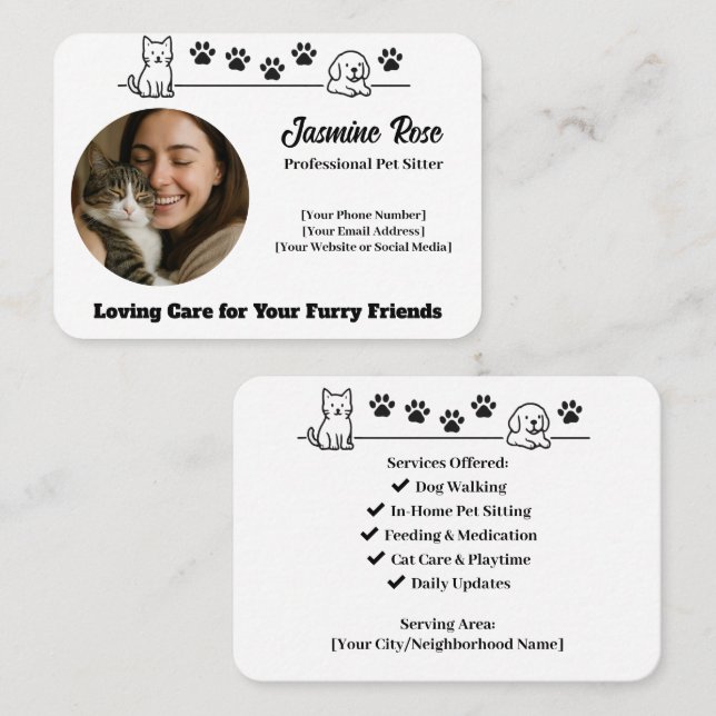 Custom Pet Sitter Business Card with Photo  (Front/Back)