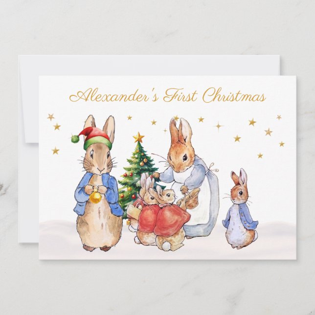 Custom Peter Josephine Bunny First Christmas Holiday Card (Front)