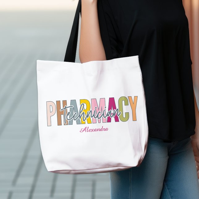 Custom Pharmacy Technician Bold Rainbow Lettering Tote Bag (Creator Uploaded)