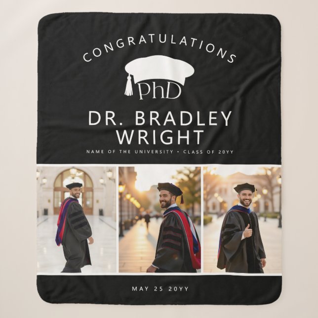 Custom PhD Doctoral Grad Hat Doctoral Graduation Sherpa Blanket (Front)