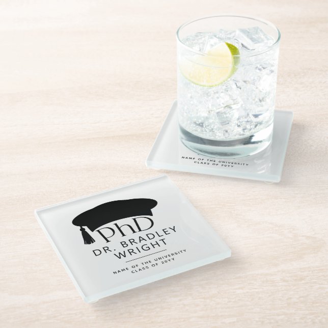 Custom PhD Doctoral Hat Doctoral Degree Graduation Glass Coaster (Angled)