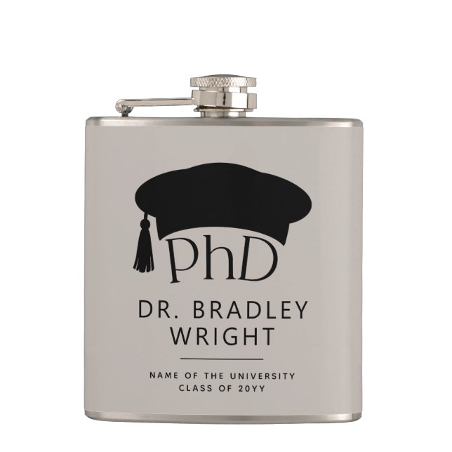 Custom PhD Doctoral Hat Doctoral Degree Graduation Hip Flask (Front)