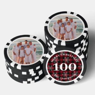 Custom Photo 100 Value Black Red Plaid Christmas Poker Chips
