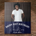 Custom Photo 21st Birthday Party Wall Backdrop Tapestry<br><div class="desc">Happy Birthday! Custom Photo Booth or Party Wall Backdrop as birthday party wall decor! Space for 1 huge photo with your name,  message,  and birthday date. This layout features a modern,  sporty typography design as well as a cool signature script. This is the navy blue version.</div>