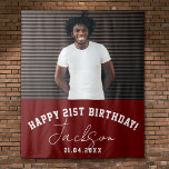 Custom Photo 21st Birthday Party Wall Backdrop Tapestry<br><div class="desc">Happy Birthday! Custom Photo Booth or Party Wall Backdrop as birthday party wall decor! Space for 1 huge photo with your name,  message,  and birthday date. This layout features a modern,  sporty typography design as well as a cool signature script. This is the maroon red version.</div>
