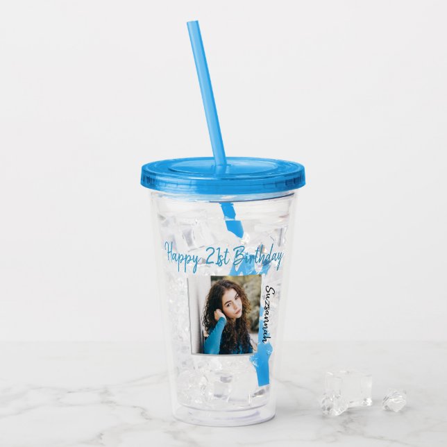 Custom Photo 21st Happy Birthday Party Template Acrylic Tumbler (Front Ice)
