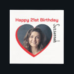 Custom Photo 21st Happy Birthday Party Template Napkin<br><div class="desc">Make any special occasion fun with a heart shaped photo and message on a napkin. Replace the placeholder photograph with your photo. A square photo with subject centred works best. Personalize the template fields, remove text or use the edit design tool to select a font style, size, and colour you...</div>