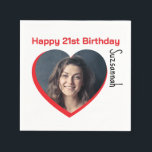 Custom Photo 21st Happy Birthday Party Template Napkin<br><div class="desc">Make any special occasion fun with a heart shaped photo and message on a napkin. Replace the placeholder photograph with your photo. A square photo with subject centred works best. Personalize the template fields, remove text or use the edit design tool to select a font style, size, and colour you...</div>