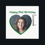 Custom Photo 21st Happy Birthday Party Template Napkin<br><div class="desc">Make any special occasion fun with a heart shaped photo and message on a napkin. Replace the placeholder photograph with your photo. A square photo with subject centred works best. Personalize the template fields, remove text or use the edit design tool to select a font style, size, and colour you...</div>