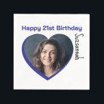 Custom Photo 21st Happy Birthday Party Template Napkin<br><div class="desc">Make any special occasion fun with a heart shaped photo and message on a napkin. Replace the placeholder photograph with your photo. A square photo with subject centred works best. Personalize the template fields, remove text or use the edit design tool to select a font style, size, and colour you...</div>