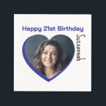 Custom Photo 21st Happy Birthday Party Template Napkin<br><div class="desc">Make any special occasion fun with a heart shaped photo and message on a napkin. Replace the placeholder photograph with your photo. A square photo with subject centred works best. Personalize the template fields, remove text or use the edit design tool to select a font style, size, and colour you...</div>