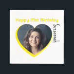 Custom Photo 21st Happy Birthday Party Template Napkin<br><div class="desc">Make any special occasion fun with a heart shaped photo and message on a napkin. Replace the placeholder photograph with your photo. A square photo with subject centred works best. Personalize the template fields, remove text or use the edit design tool to select a font style, size, and colour you...</div>