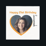 Custom Photo 21st Happy Birthday Party Template Napkin<br><div class="desc">Make any special occasion fun with a heart shaped photo and message on a napkin. Replace the placeholder photograph with your photo. A square photo with subject centred works best. Personalize the template fields, remove text or use the edit design tool to select a font style, size, and colour you...</div>