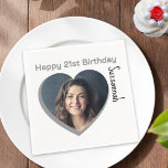 Custom Photo 21st Happy Birthday Party Template Napkin<br><div class="desc">Make any special occasion fun with a heart shaped photo and message on a napkin. Replace the placeholder photograph with your photo. A square photo with subject centred works best. Personalize the template fields, remove text or use the edit design tool to select a font style, size, and colour you...</div>