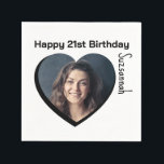 Custom Photo 21st Happy Birthday Party Template Napkin<br><div class="desc">Make any special occasion fun with a heart shaped photo and message on a napkin. Replace the placeholder photograph with your photo. A square photo with subject centred works best. Personalize the template fields, remove text or use the edit design tool to select a font style, size, and colour you...</div>