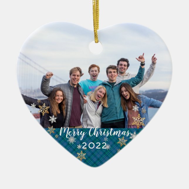 Custom Photo 2-sided Merry Christmas Blue Plaid Ceramic Ornament (Front)