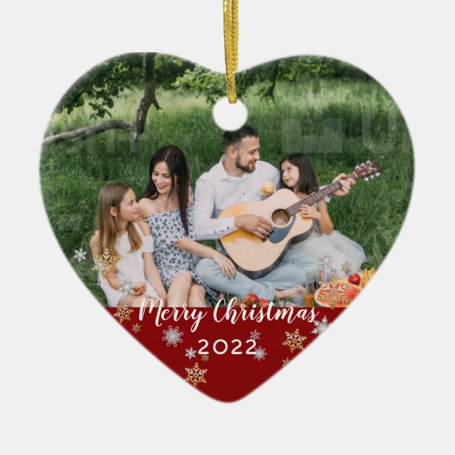 Custom Photo 2-sided Red Half Border Christmas   Ceramic Ornament (Front)