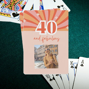 Custom photo 40 and fabulous - retro bright peach playing cards