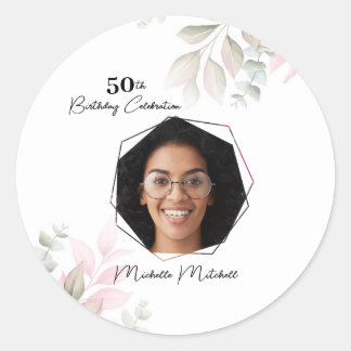 Custom Photo 50th Birthday Floral Classic Round Sticker