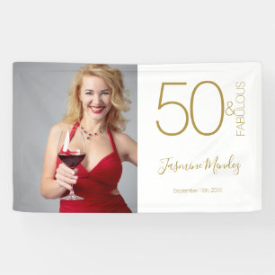 Custom Photo 50th Birthday Gold White 50& Fabulous Banner