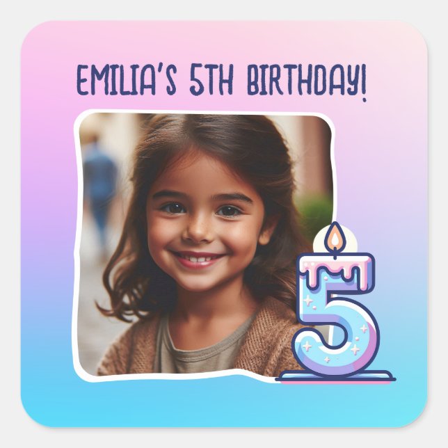 Custom Photo 5th Birthday Party Ombre Gradient Square Sticker (Front)