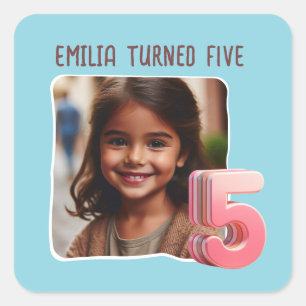 Custom Photo 5th Birthday Party Square Sticker