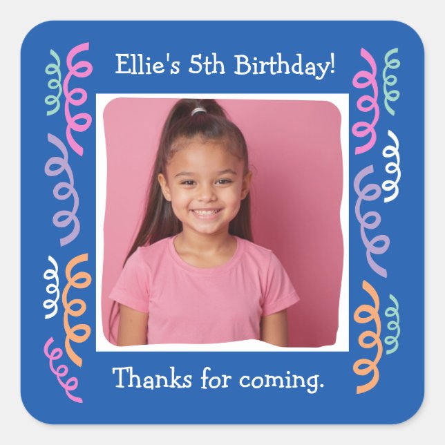 Custom Photo 5th Birthday Party Streamers Square Sticker (Front)