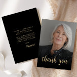 Custom Photo 70th Birthday Party Thank You Card<br><div class="desc">The front of this 70th birthday invitation features the guest of honour's photo with the words "thank you" in elegant gold-coloured calligraphy script overlay. A dark screen helps make the text pop. Customize the reverse side with your personal message in gold-coloured sans serif font and your name in script on...</div>