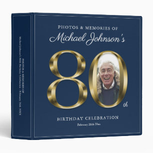 Custom Photo 80th Birthday Blue Elegant Gold Binder