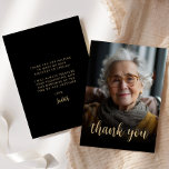 Custom Photo 80th Birthday Party Thank You Card<br><div class="desc">The front of this 80th birthday invitation features the guest of honour's photo with the words "thank you" in elegant gold-coloured calligraphy script overlay. A dark screen helps make the text pop. Customize the reverse side with your personal message in gold-coloured sans serif font and your name in script on...</div>