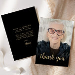 Custom Photo 90th Birthday Party Thank You Card<br><div class="desc">The front of this 90th birthday invitation features the guest of honour's photo with the words "thank you" in elegant gold-coloured calligraphy script overlay. A dark screen helps make the text pop. Customize the reverse side with your personal message in gold-coloured sans serif font and your name in script on...</div>