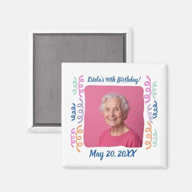 Custom Photo 90th Birthday Streamers Keepsake Magnet (Front/Back)