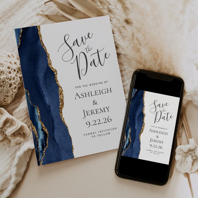 Custom Photo Agate Navy Blue Gold Save the Date Invitation (Creator Uploaded)