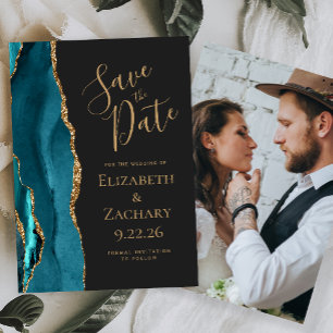 Custom Photo Agate Teal Gold Dark Save the Date Invitation