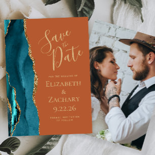 Custom Photo Agate Teal Gold Rust Save the Date Invitation