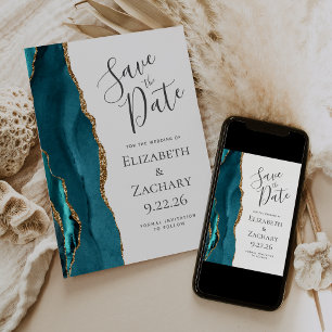 Custom Photo Agate Teal Gold Save the Date Card