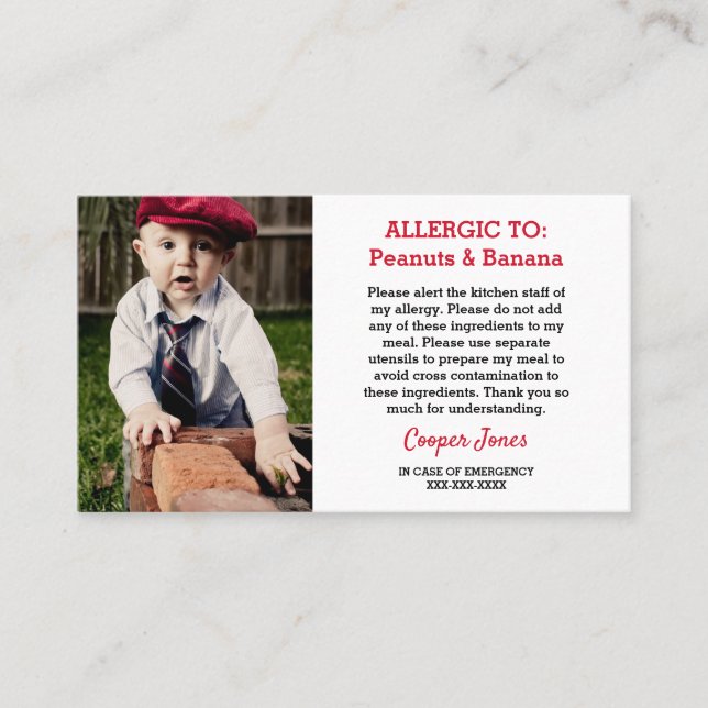 Custom Photo Allergy Alert Restaurant Emergency Calling Card (Front)