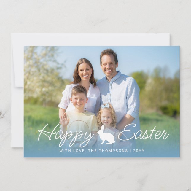 Custom Photo And Blue Gradient With Bunny Easter Card (Front)